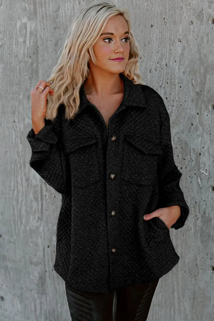 Black Retro Quilted Flap Pocket Button Shacket - Tops/Blouses & Shirts