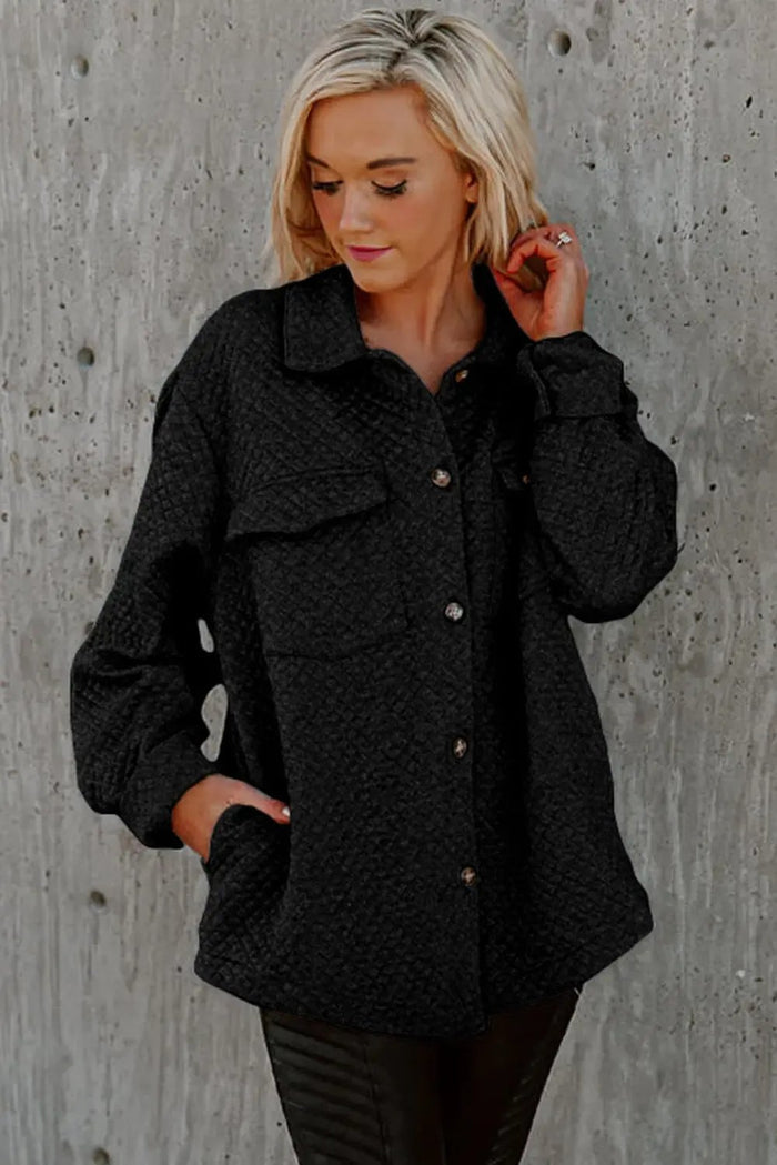 Black Retro Quilted Flap Pocket Button Shacket - Tops/Blouses & Shirts