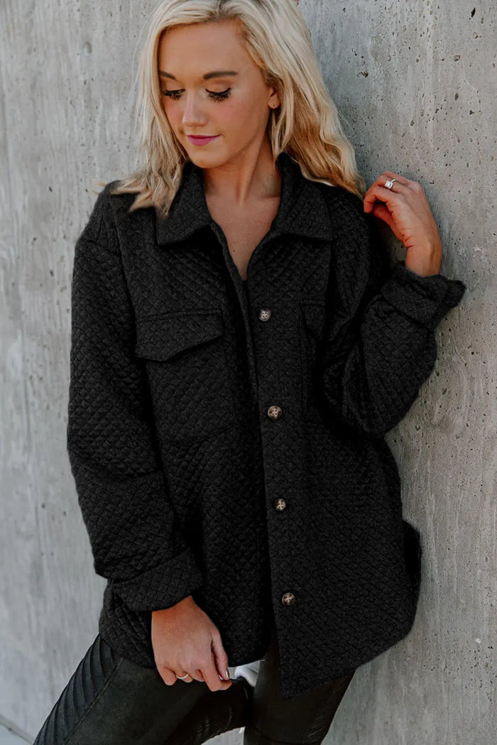 Black Retro Quilted Flap Pocket Button Shacket - Tops/Blouses & Shirts