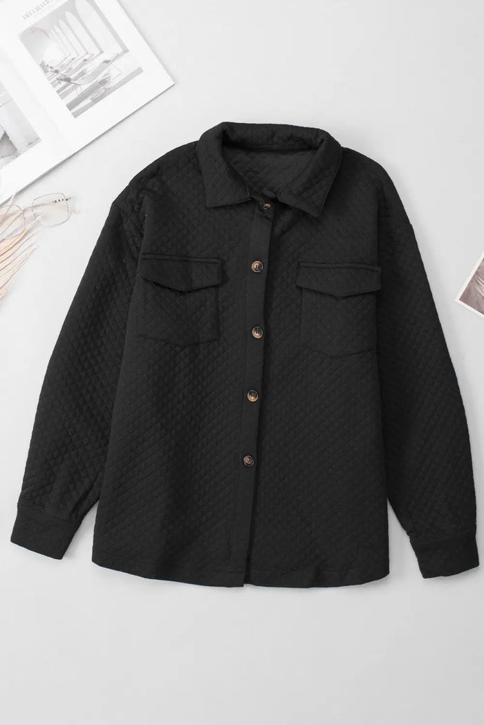 Black Retro Quilted Flap Pocket Button Shacket - Tops/Blouses & Shirts