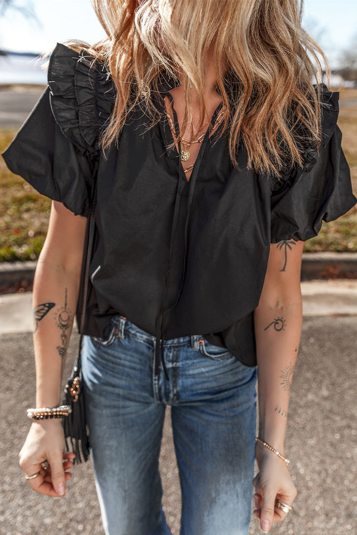 Black Ruffled Puff Short Sleeve Loose Blouse - S / 100% Cotton - Tops/Blouses & Shirts