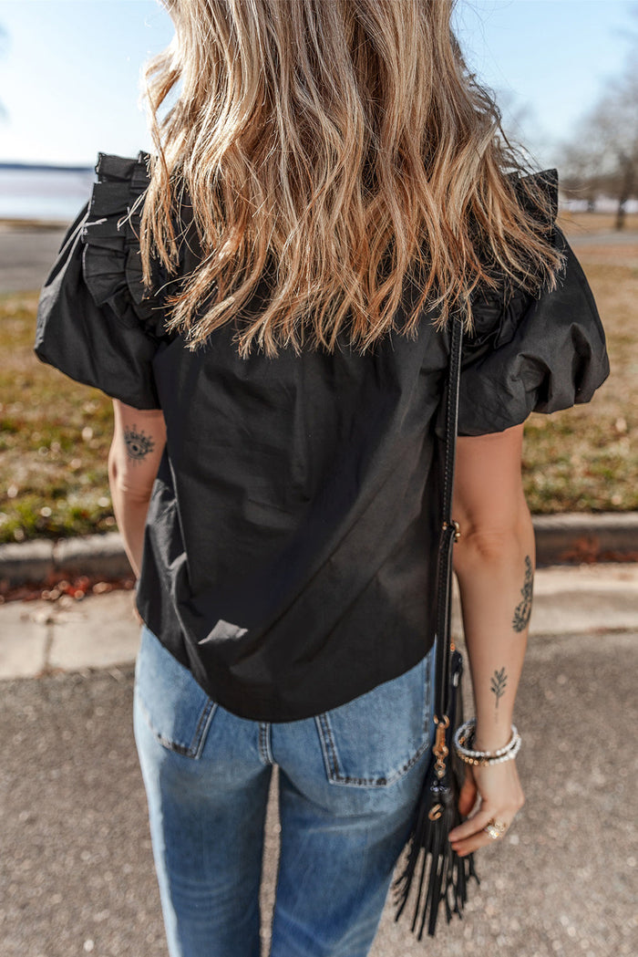 Black Ruffled Puff Short Sleeve Loose Blouse - Tops/Blouses & Shirts