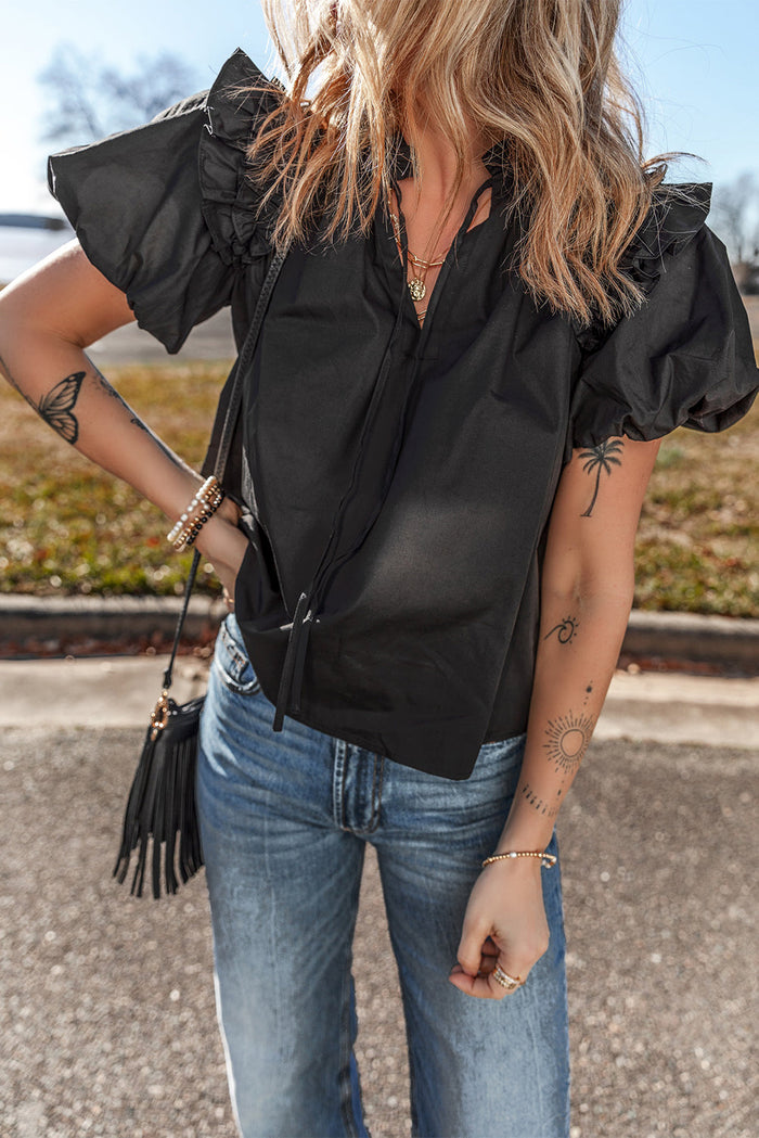 Black Ruffled Puff Short Sleeve Loose Blouse - Tops/Blouses & Shirts