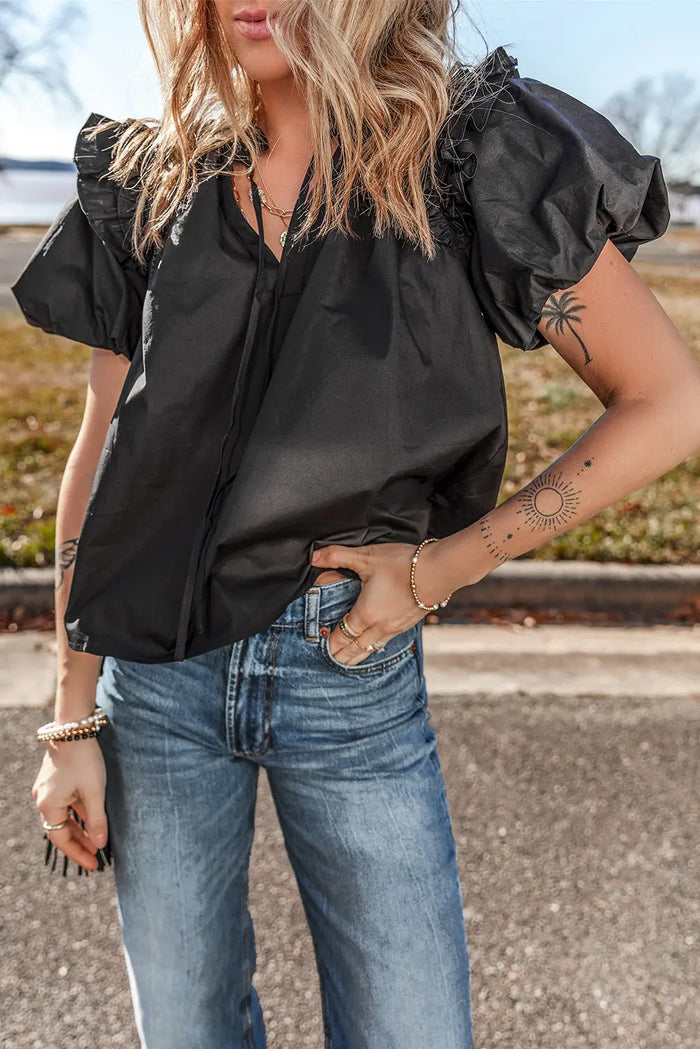 Black Ruffled Puff Short Sleeve Loose Blouse - Tops/Blouses & Shirts