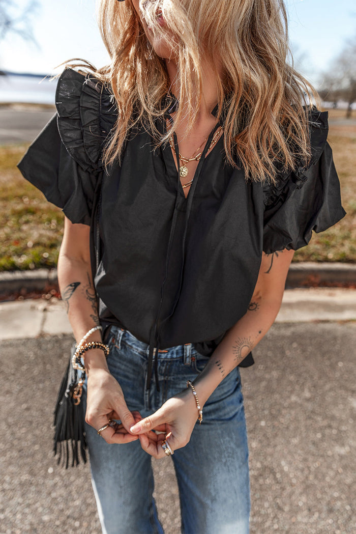 Black Ruffled Puff Short Sleeve Loose Blouse - Tops/Blouses & Shirts