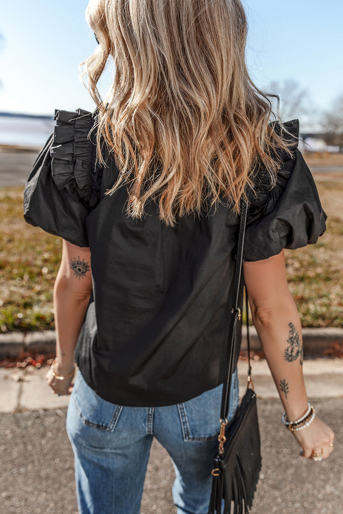 Black Ruffled Puff Short Sleeve Loose Blouse - Tops/Blouses & Shirts