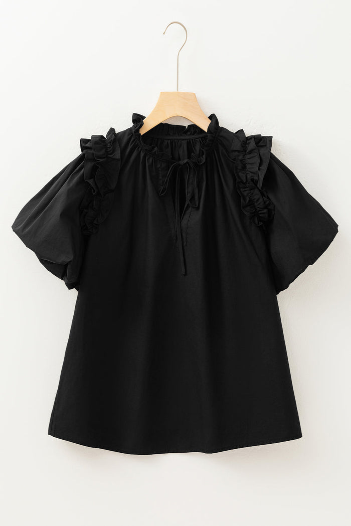 Black Ruffled Puff Short Sleeve Loose Blouse - Tops/Blouses & Shirts