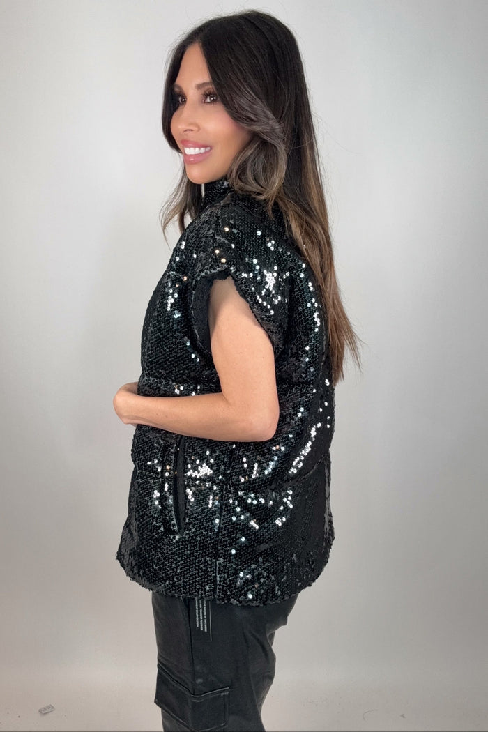 Style the Black Sequin Puff Vest exclusively at Born To Glam