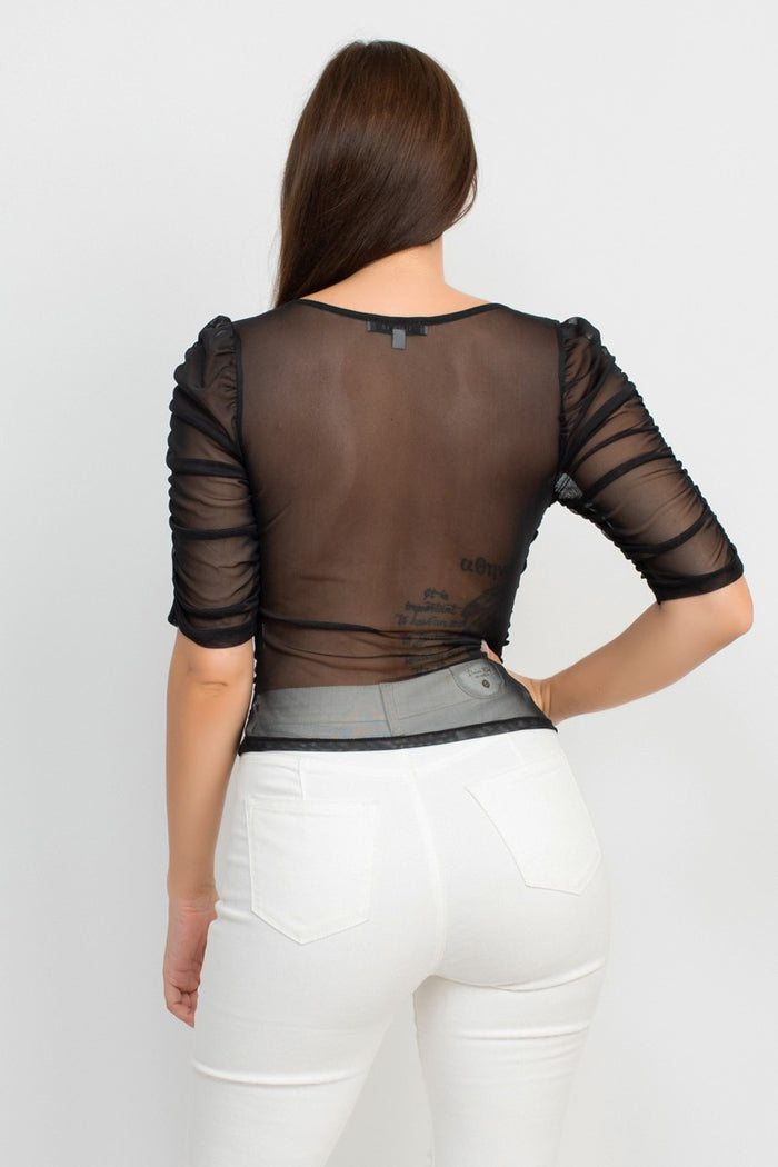 Black Sheer Mesh Shirred Top