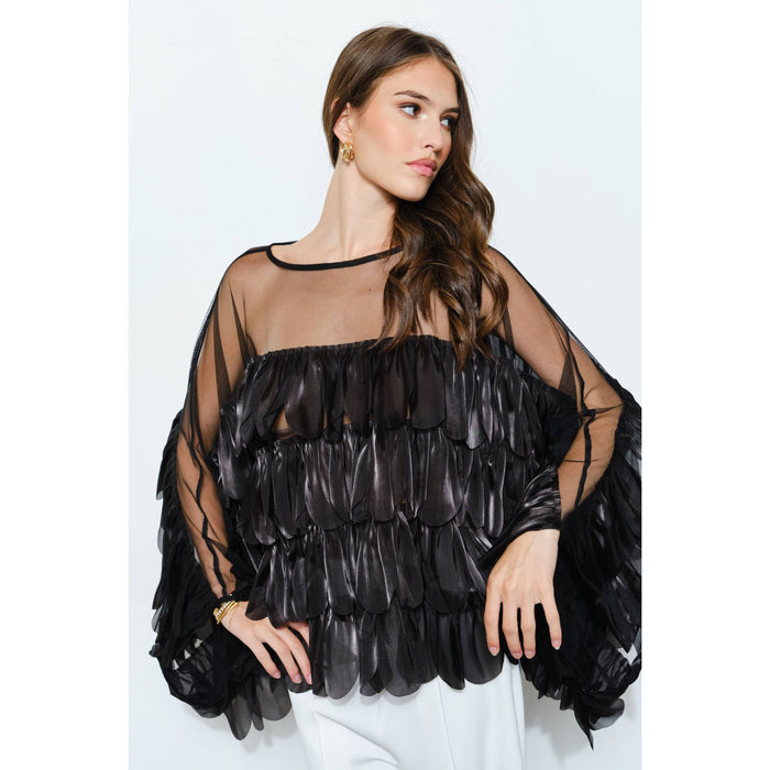 Style the Black Shimmer Organza Scallop Ruffle Layered Blouse exclusively at Born To Glam