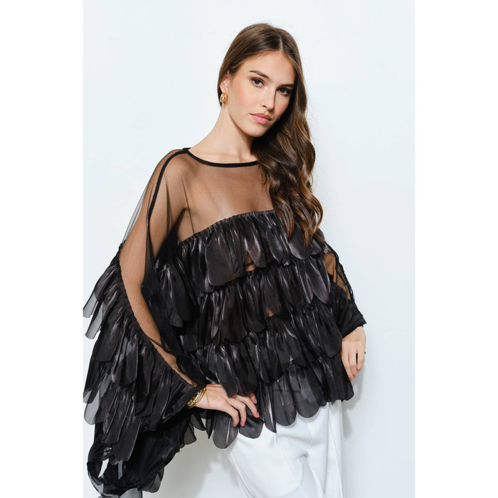 Style the Black Shimmer Organza Scallop Ruffle Layered Blouse exclusively at Born To Glam