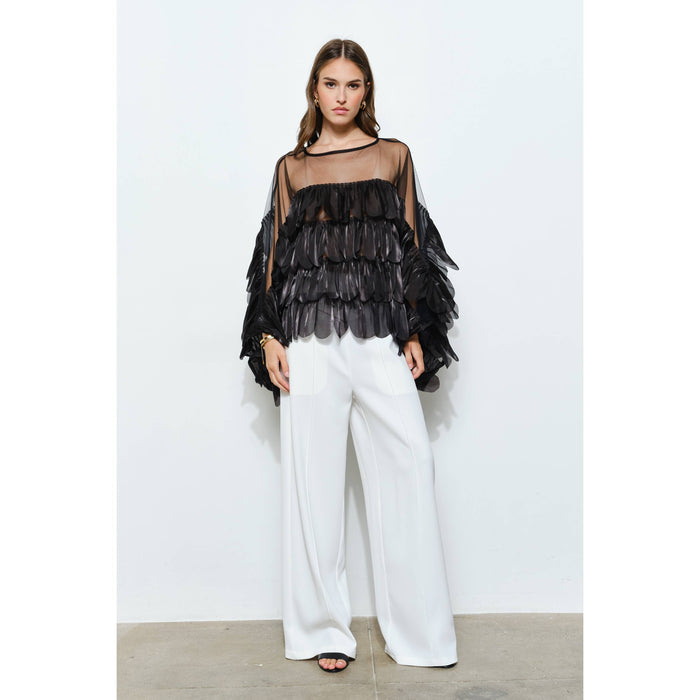 Style the Black Shimmer Organza Scallop Ruffle Layered Blouse exclusively at Born To Glam