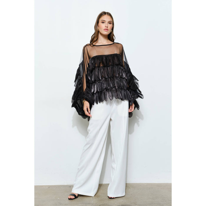 Style the Black Shimmer Organza Scallop Ruffle Layered Blouse exclusively at Born To Glam