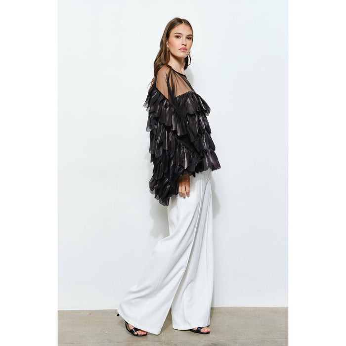 Style the Black Shimmer Organza Scallop Ruffle Layered Blouse exclusively at Born To Glam