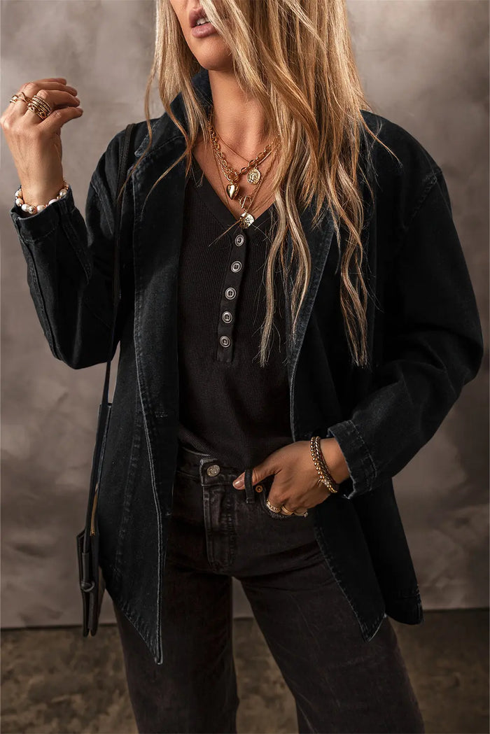 Black Side Pockets Lapel Collar Denim Jacket - BLACK / S / 75% COTTON + 25% POLYESTER - Outerwear/Denim jackets