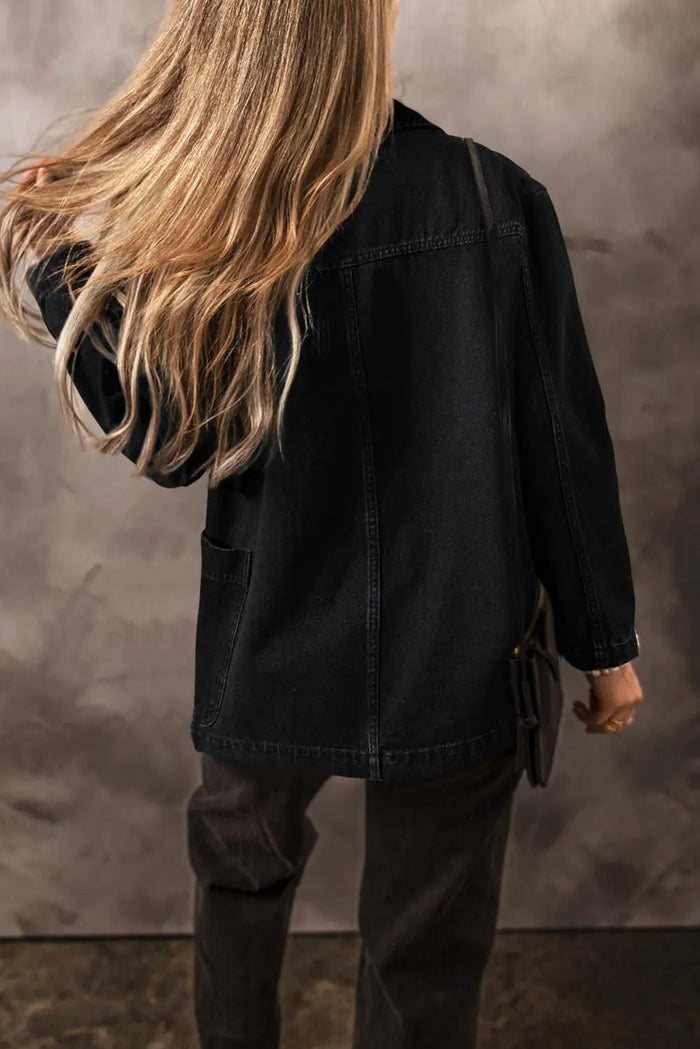 Black Side Pockets Lapel Collar Denim Jacket - Outerwear/Denim jackets