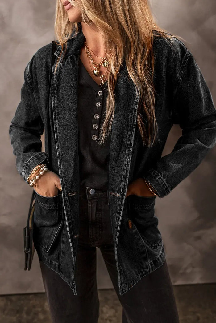 Black Side Pockets Lapel Collar Denim Jacket - Outerwear/Denim jackets