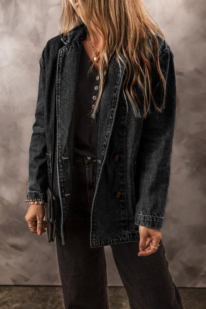 Black Side Pockets Lapel Collar Denim Jacket - Outerwear/Denim jackets