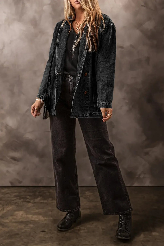 Black Side Pockets Lapel Collar Denim Jacket - Outerwear/Denim jackets