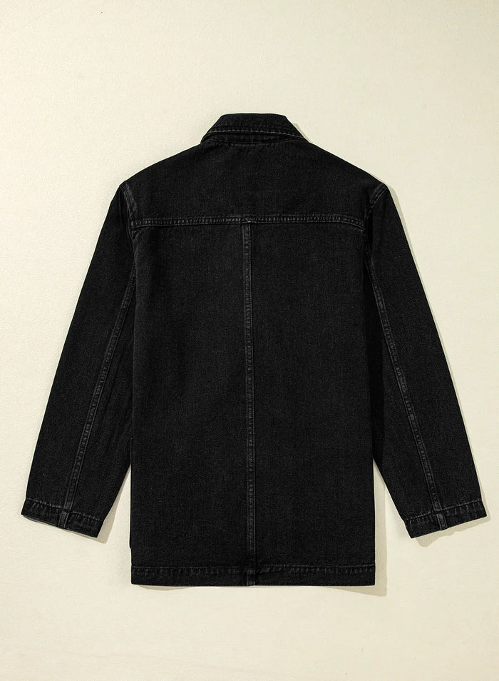 Black Side Pockets Lapel Collar Denim Jacket - Outerwear/Denim jackets
