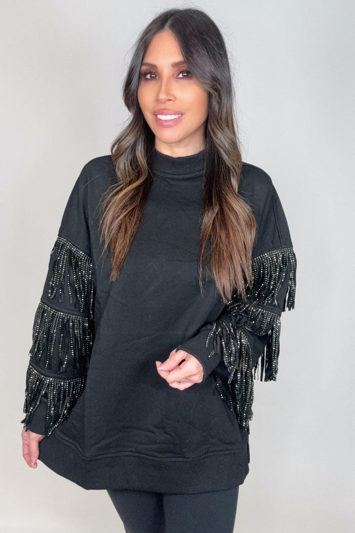 Style the Black Studded Fringe Sleeve Top exclusively at Born To Glam