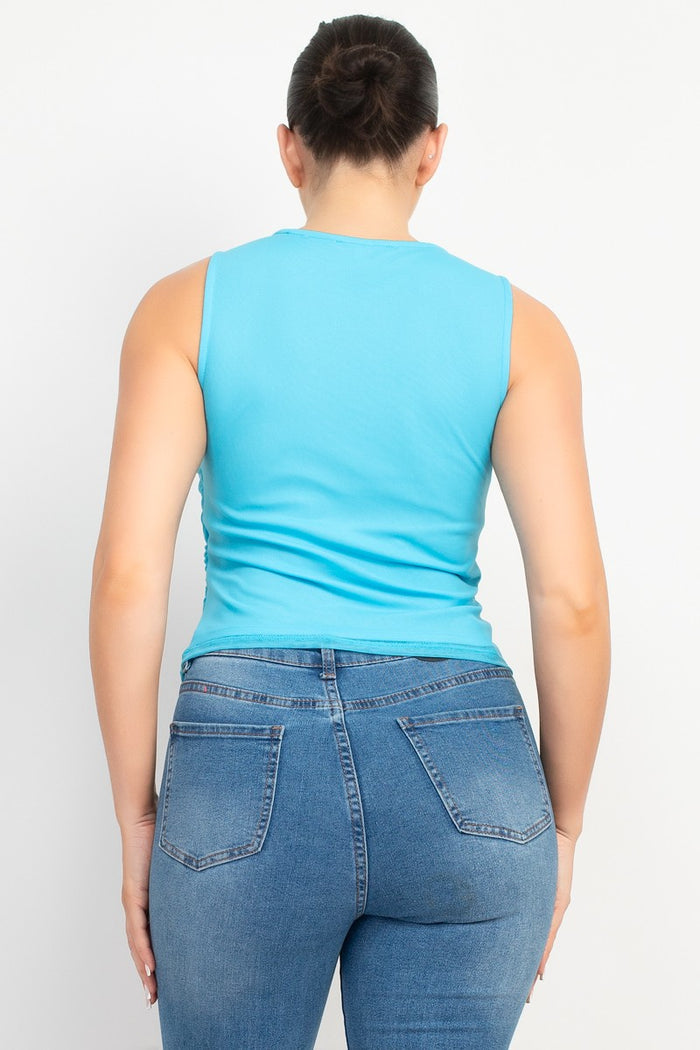 Blue Asymmetric Ruched Sleeveless Top