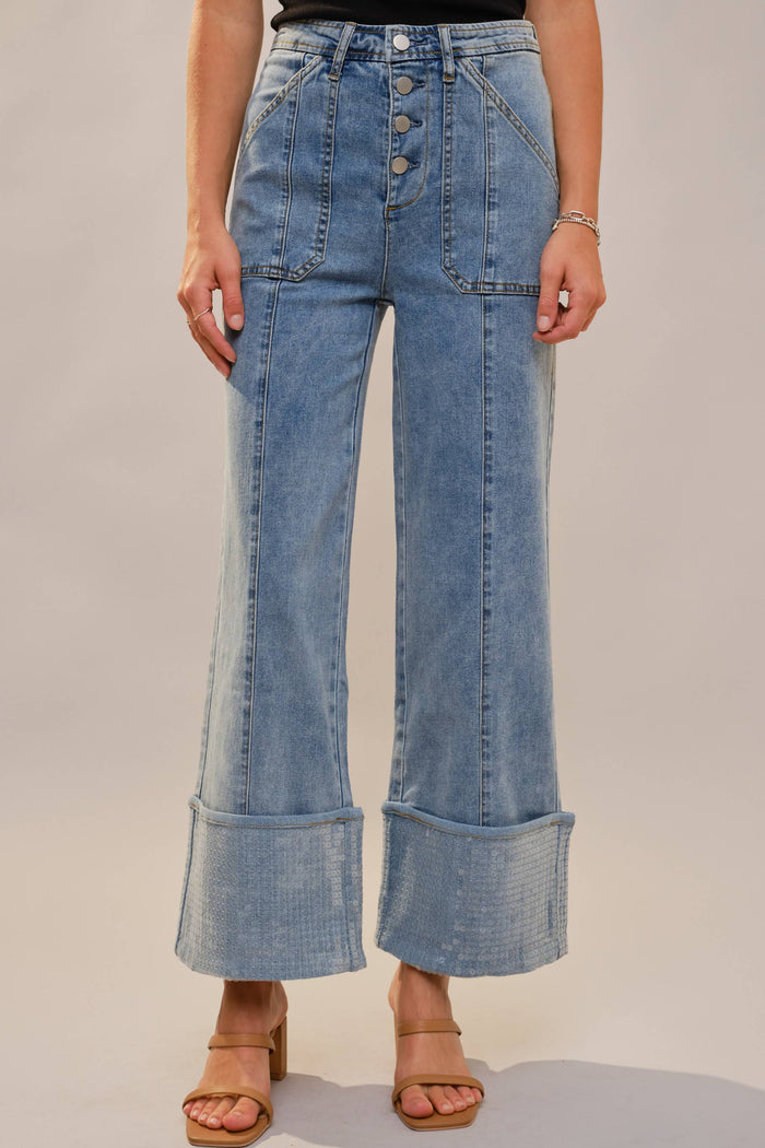 Style the Blue B Cuffed Sequin Bottom Detailed Jeans exclusively at Born To Glam
