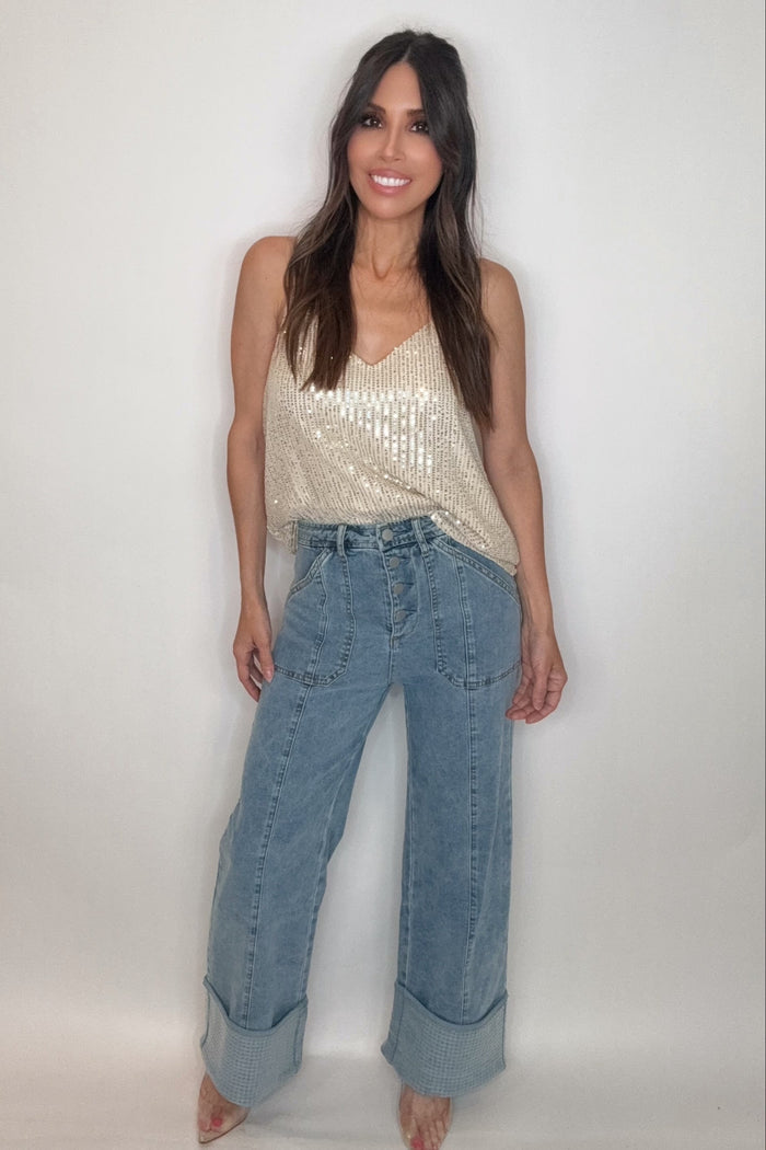 Style the Blue B Cuffed Sequin Bottom Detailed Jeans exclusively at Born To Glam