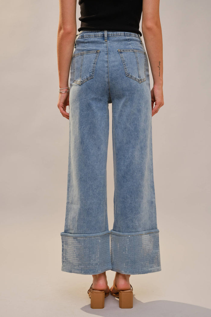 Style the Blue B Cuffed Sequin Bottom Detailed Jeans exclusively at Born To Glam