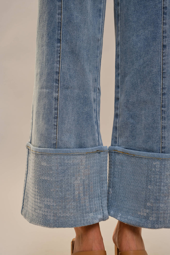Style the Blue B Cuffed Sequin Bottom Detailed Jeans exclusively at Born To Glam
