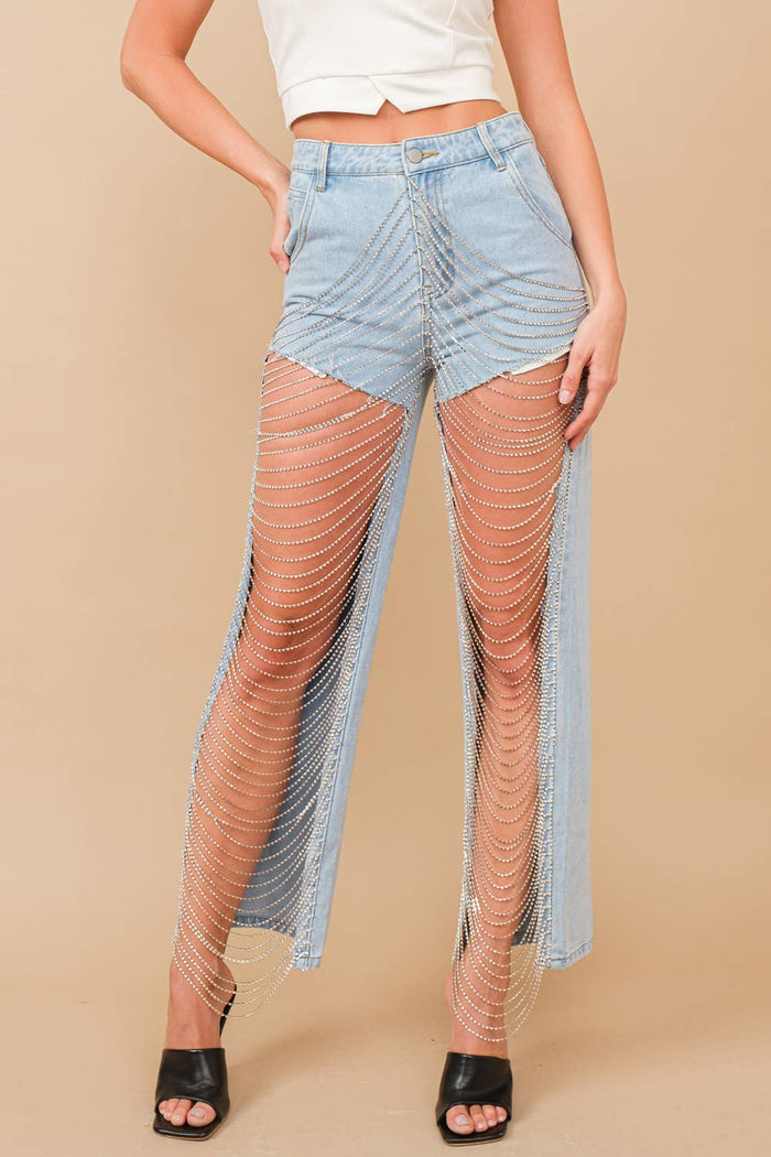 Style the Blue B Cut Out Open Leg Rhinestone Chain Denim Jeans exclusively at Born To Glam