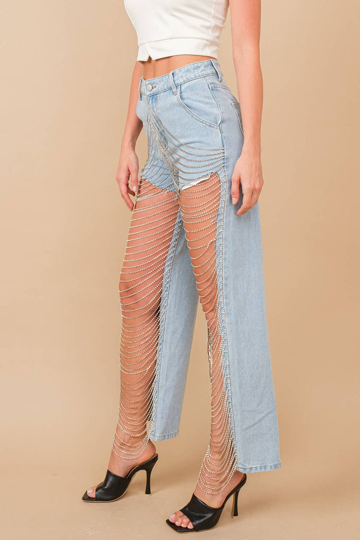 Style the Blue B Cut Out Open Leg Rhinestone Chain Denim Jeans exclusively at Born To Glam