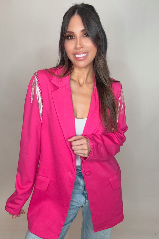 Style the Blue B Hot Pink Boyfriend Rhinestone Shoulder Blazer exclusively at Born To Glam