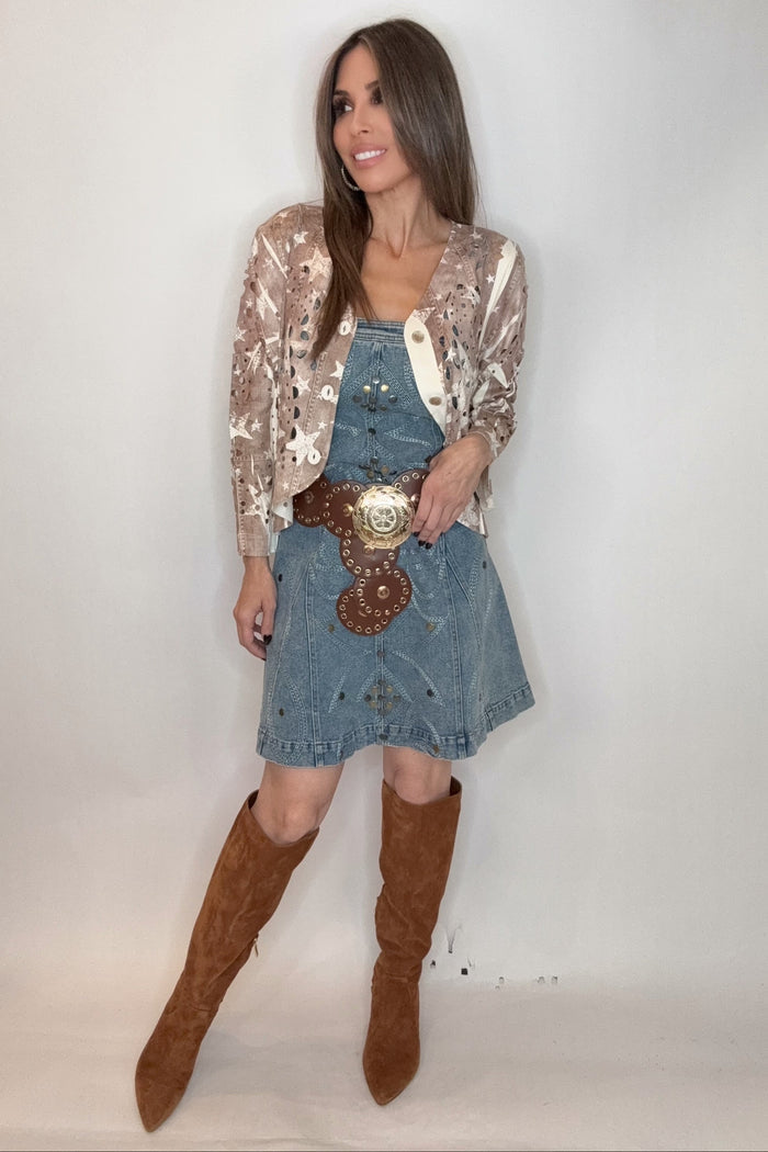 Style the Blue B Medium Wash Studded Western Buckle Stretch Denim Dress exclusively at Born To Glam