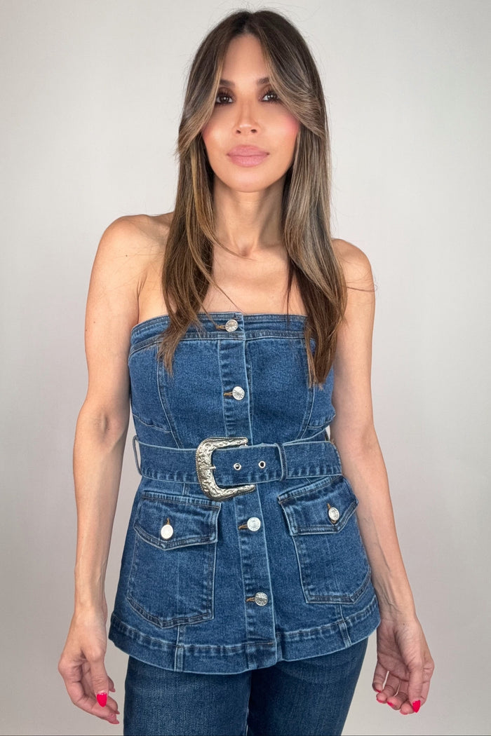 Style the Blue B Western Buckle Detailed Belted Bustier Denim Top exclusively at Born To Glam