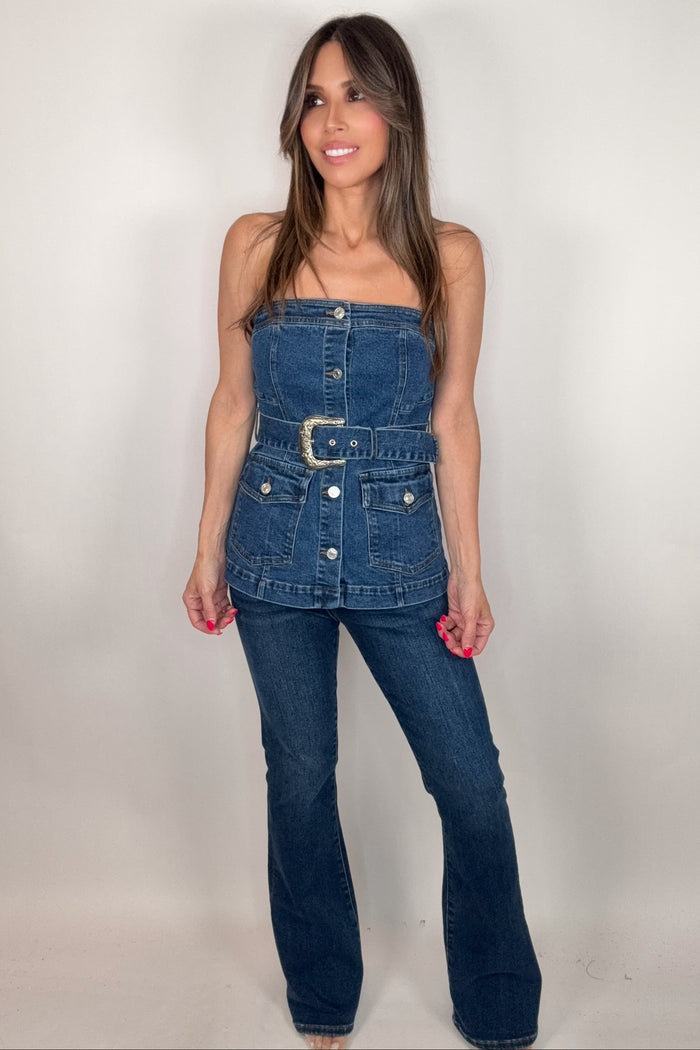 Style the Blue B Western Buckle Detailed Belted Bustier Denim Top exclusively at Born To Glam