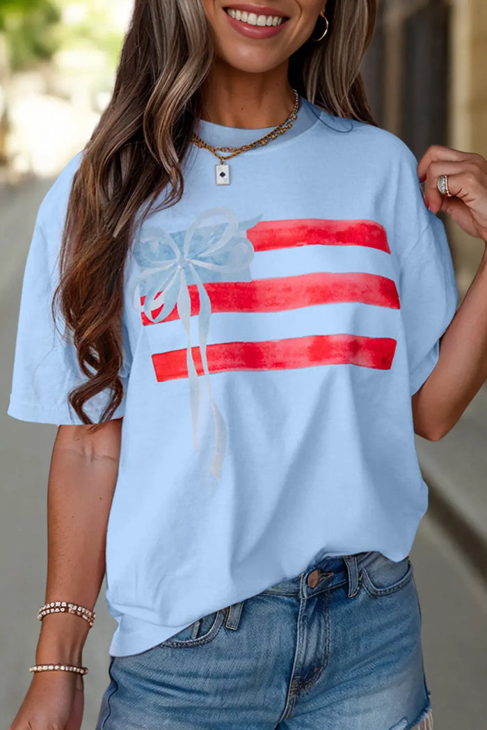 Blue Flag Bow Graphic Crewneck Tee - Tops/Tops & Tees