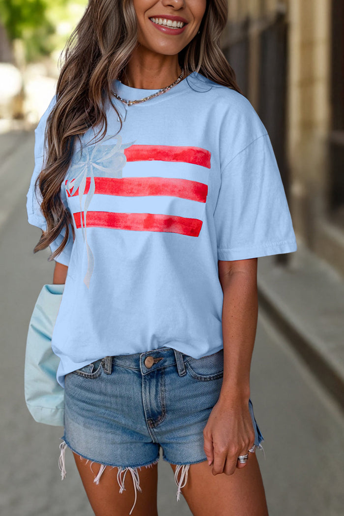 Blue Flag Bow Graphic Crewneck Tee - Tops/Tops & Tees