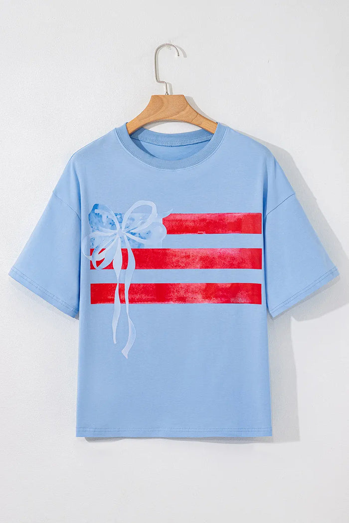 Blue Flag Bow Graphic Crewneck Tee - Tops/Tops & Tees