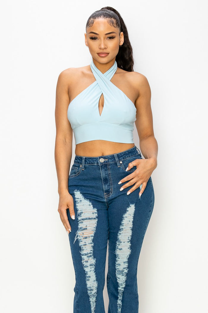 Blue Halter Neck Cutout Solid Crop Top