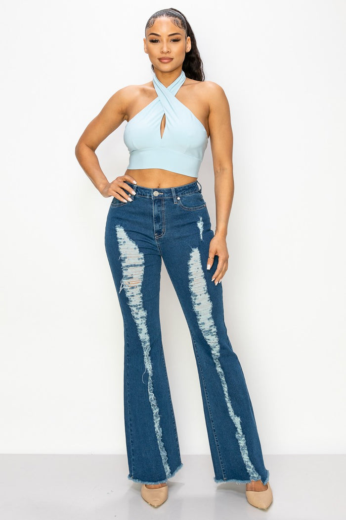 Blue Halter Neck Cutout Solid Crop Top
