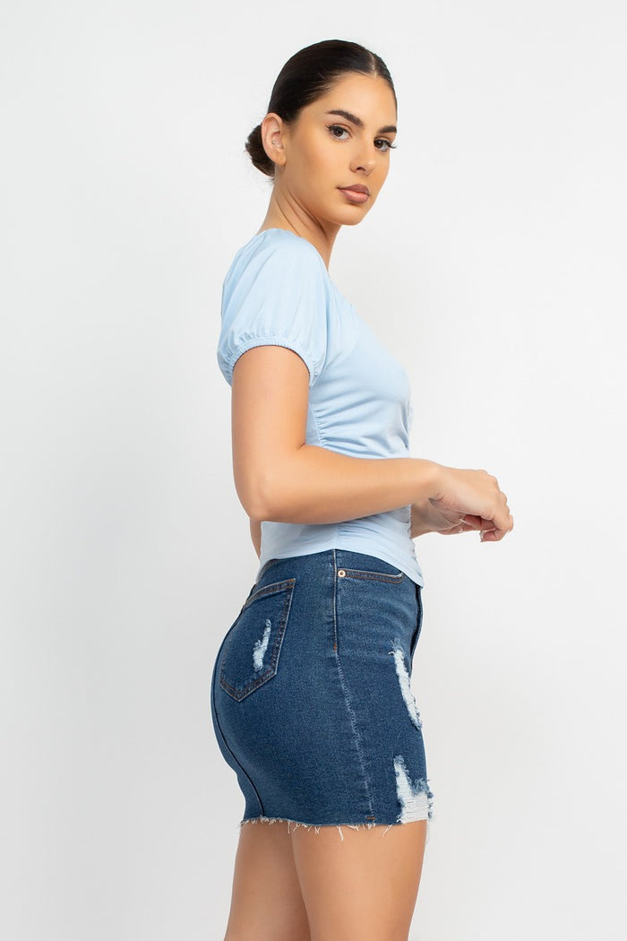 Blue Shirred V-neck Solid Top
