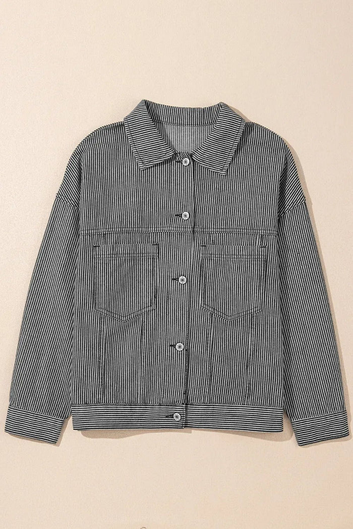 Blue Stripe Washed Oversize Pocketed Denim Jacket - BLUE STRIPE / S / 75% COTTON + 25% POLYESTER - Outerwear/Denim