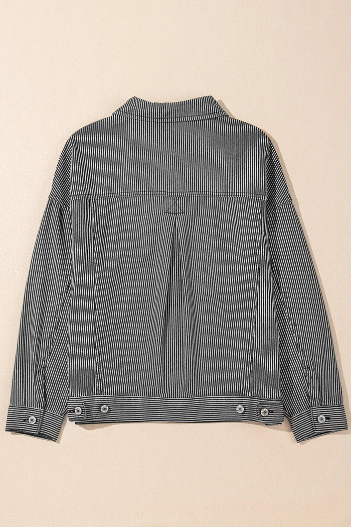 Blue Stripe Washed Oversize Pocketed Denim Jacket - Outerwear/Denim jackets