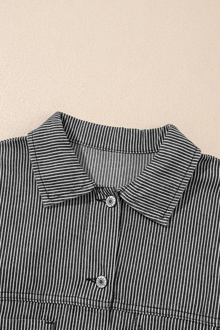Blue Stripe Washed Oversize Pocketed Denim Jacket - Outerwear/Denim jackets