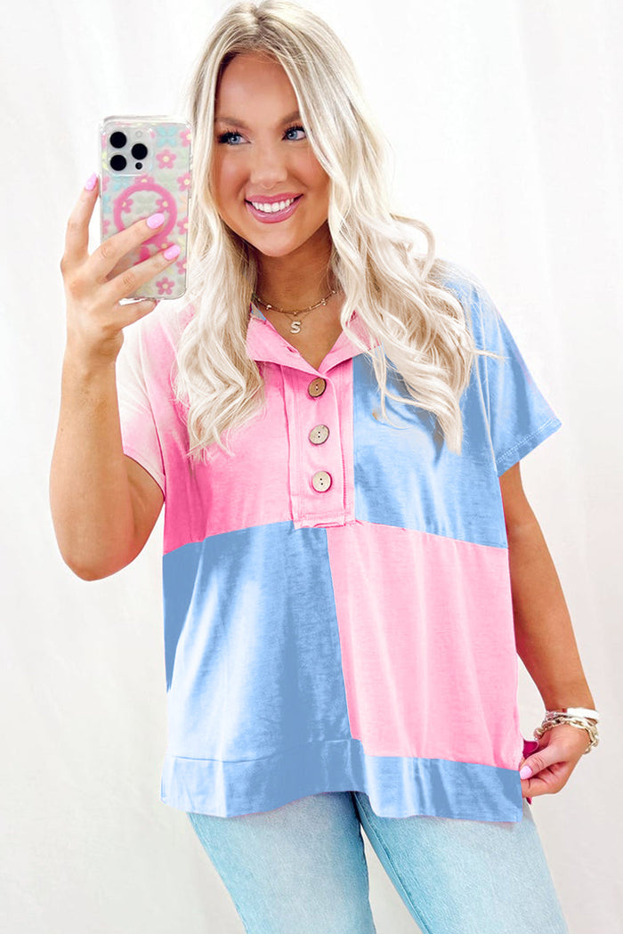 Blue Two Tone Half Buttons Collared T Shirt - Tops/Tops & Tees