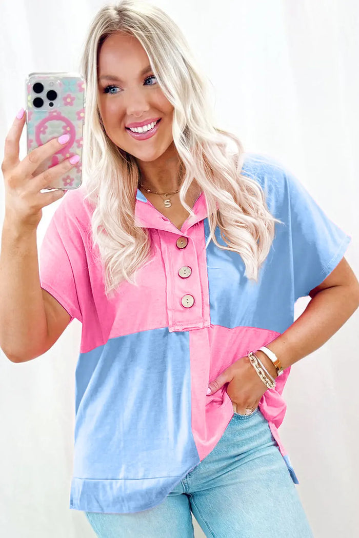 Blue Two Tone Half Buttons Collared T Shirt - Tops/Tops & Tees