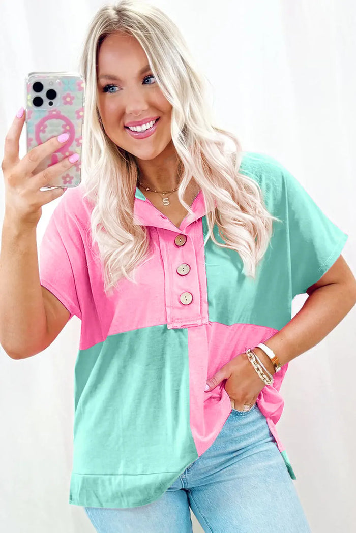 Blue Two Tone Half Buttons Collared T Shirt - Tops/Tops & Tees