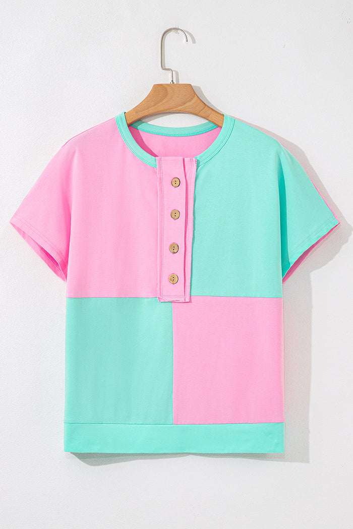 Blue Two Tone Half Buttons Collared T Shirt - Tops/Tops & Tees