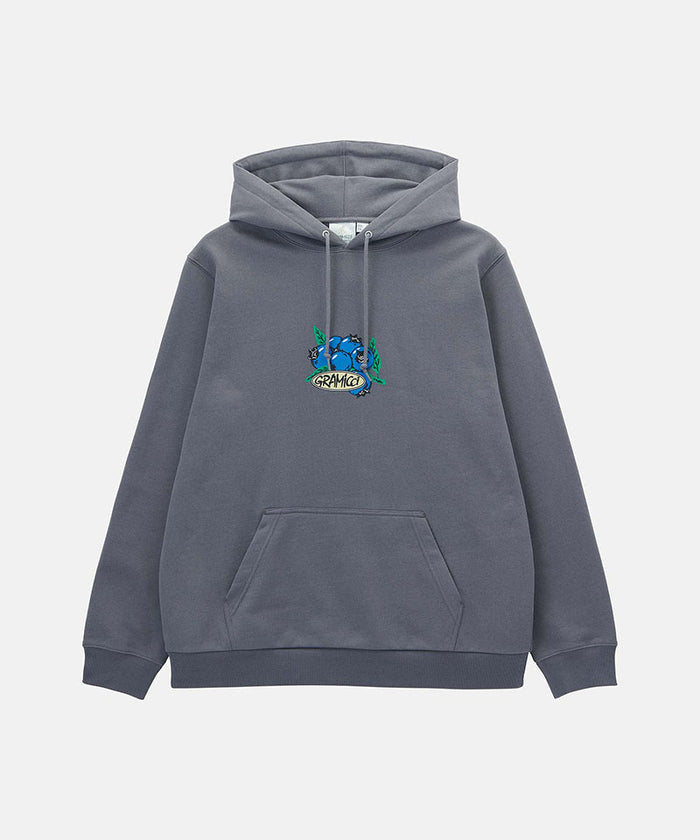 Gramicci charcoal Blueberry Hooded Sweatshirt with a  graphic against a light-tone background.